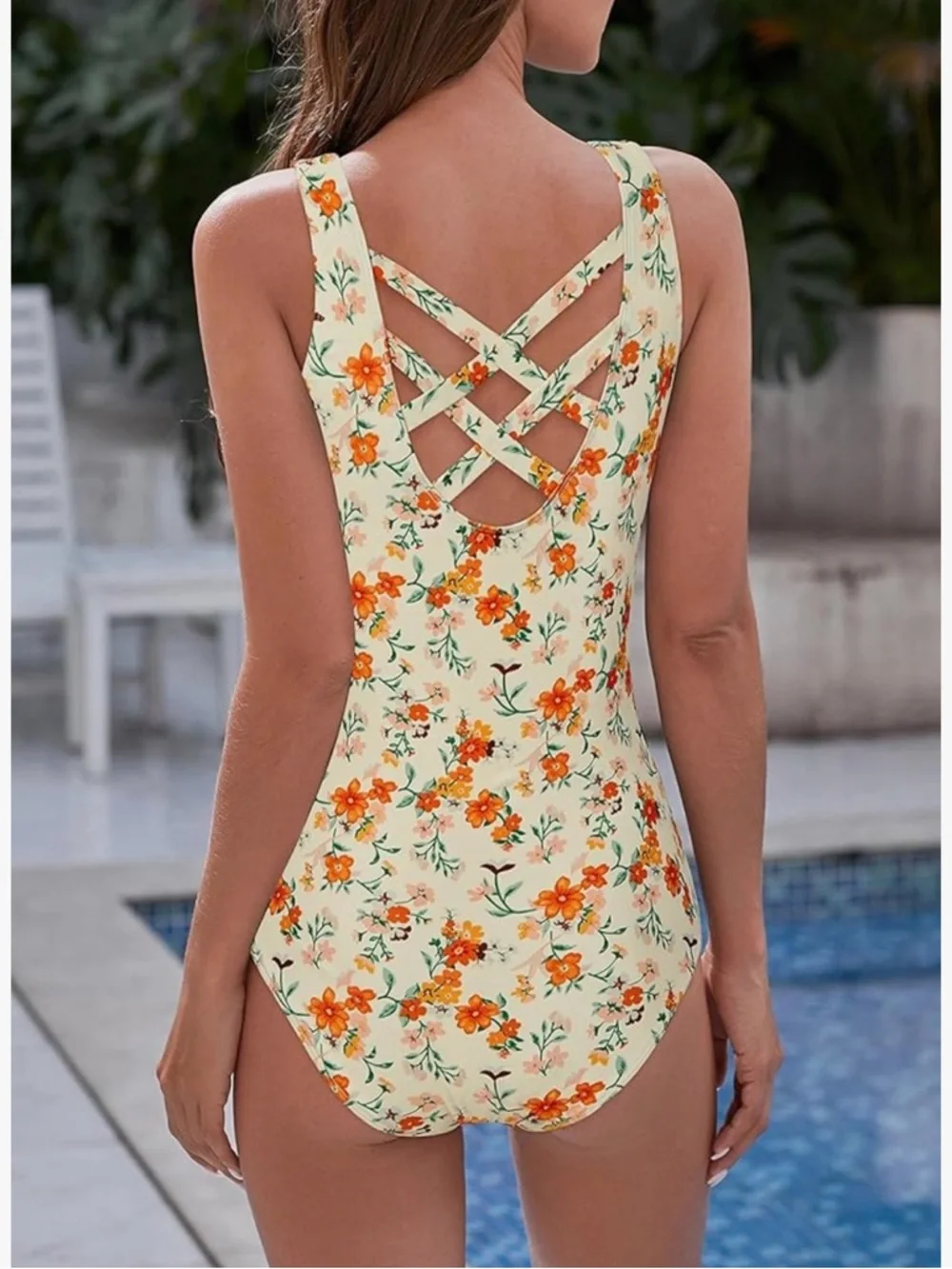 Floral Scoop Neck One-Piece Swimsuit - Cream with Orange Flowers
